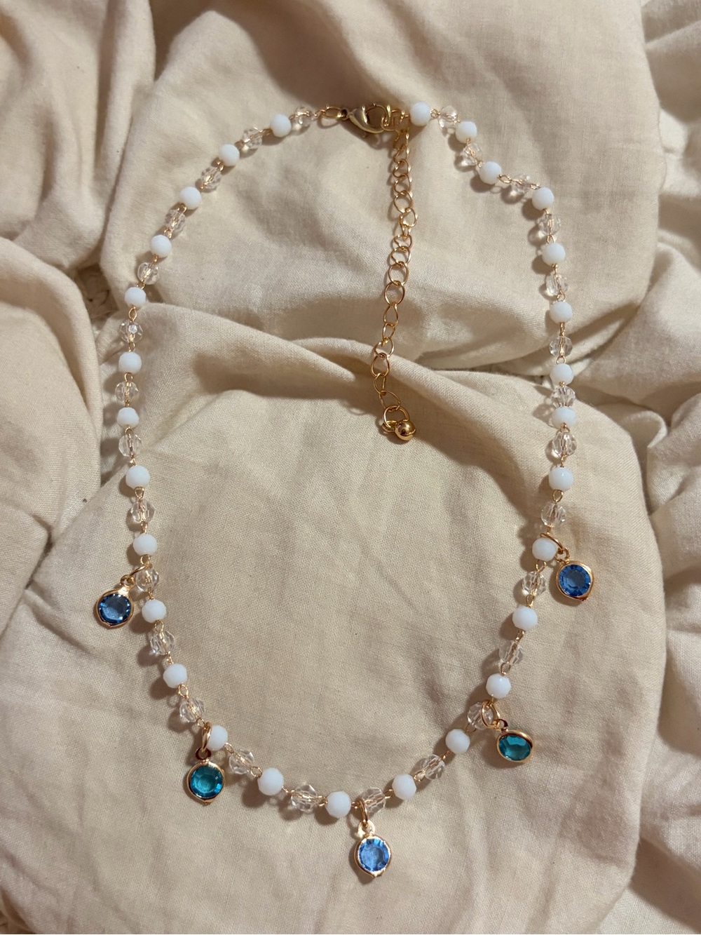Free People White Beaded Blue Crystal Charm Statement Necklace